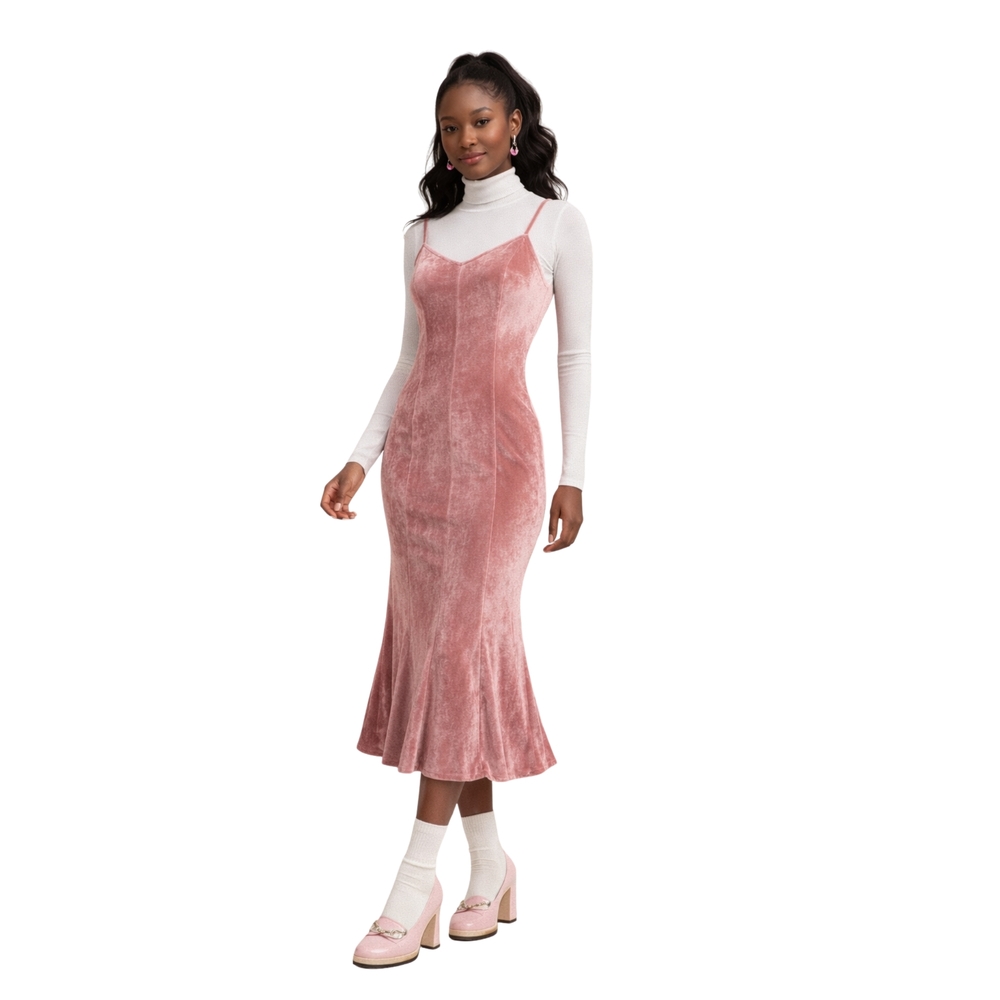 Crush Velvet Rose Mermaid Slip‎ Midi Dress (XS-S) Wedding Guest
